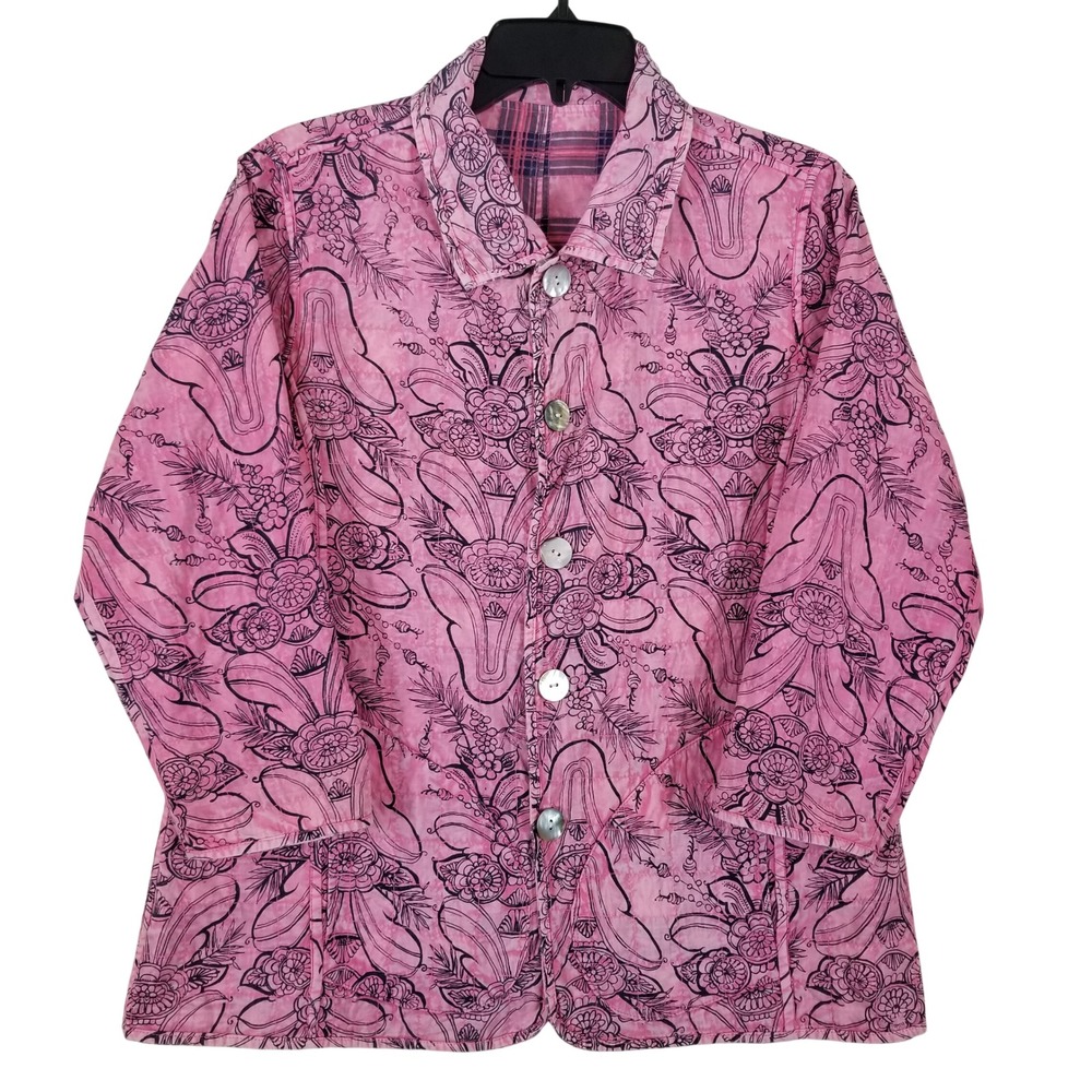 Parsley & Sage Womens Pink Floral Quilted Reversible Jacket Plaid Cotton Small